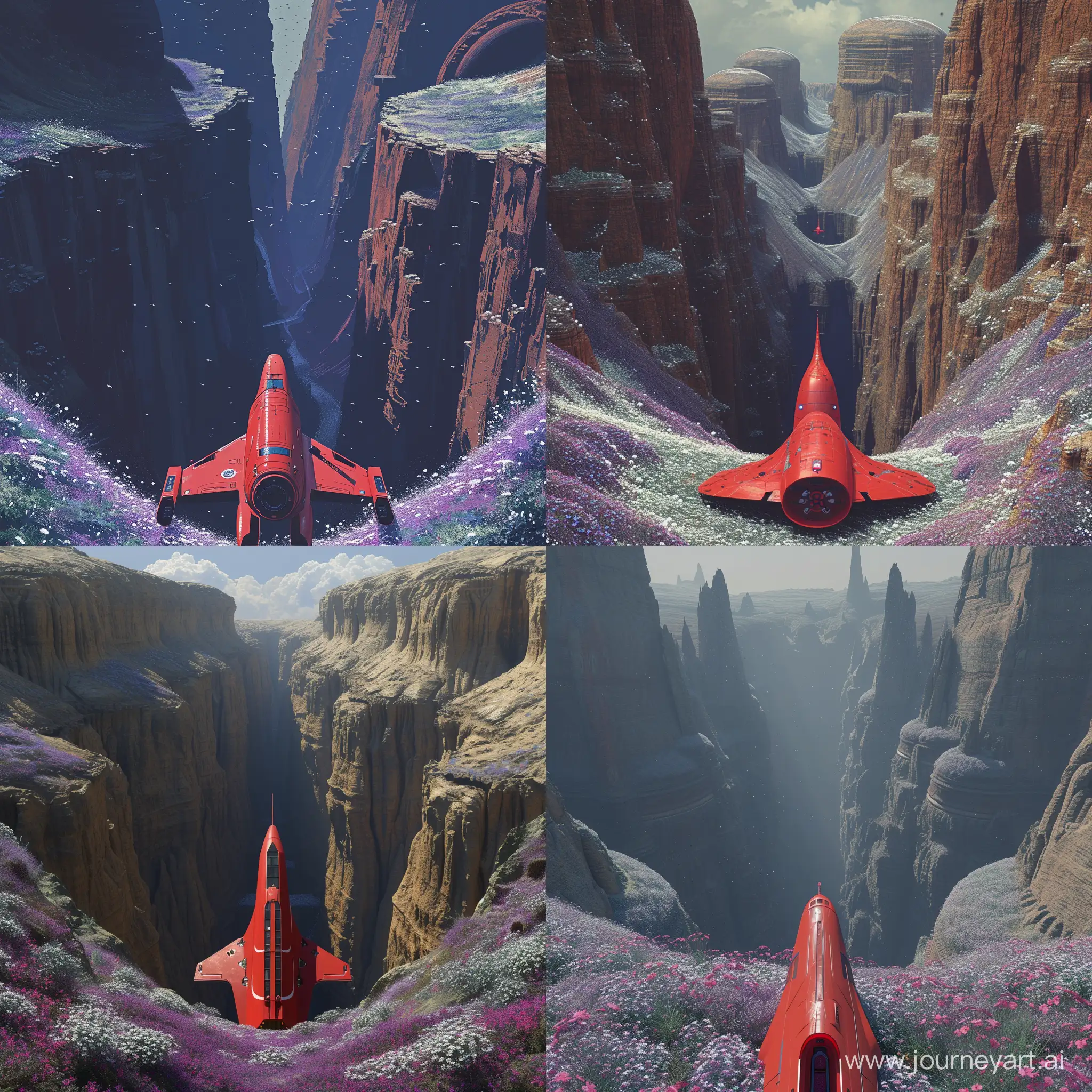 The red spaceship stands with its back to the observer in the lower center of the picture. A huge and deep gorge in front of the observer. To the left and right are high round mountains, sharp at the top, perfectly smooth at the bottom. There are lots of purple and white tiny flowers.