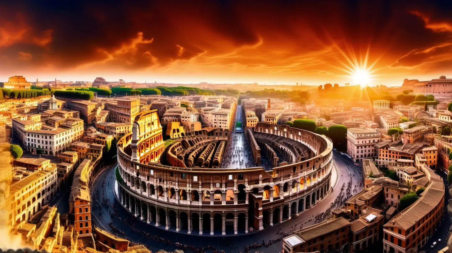 Spectacular Sunset Over Ancient Rome Pantheon Colosseum and Picturesque Houses
