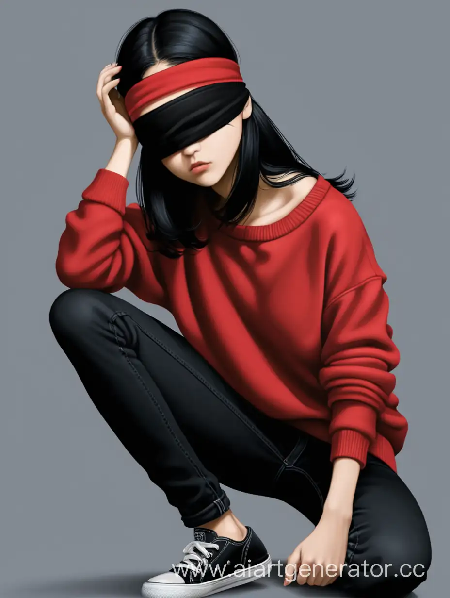 девушка с черными волосами ,завязанными бинтом глазами,в красной кофте,черных джинсах