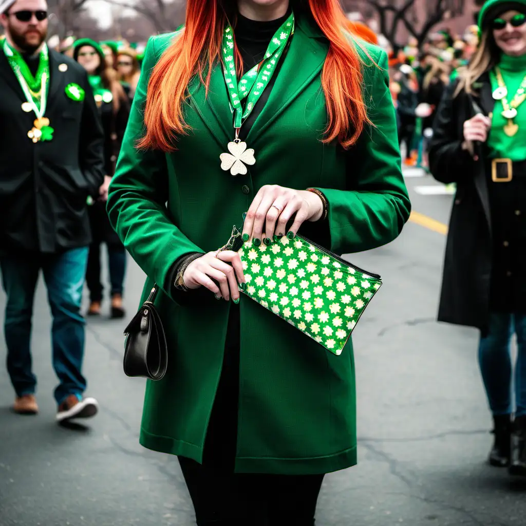 a mockup with a woman holding a wristlet at a st patricks day parade

