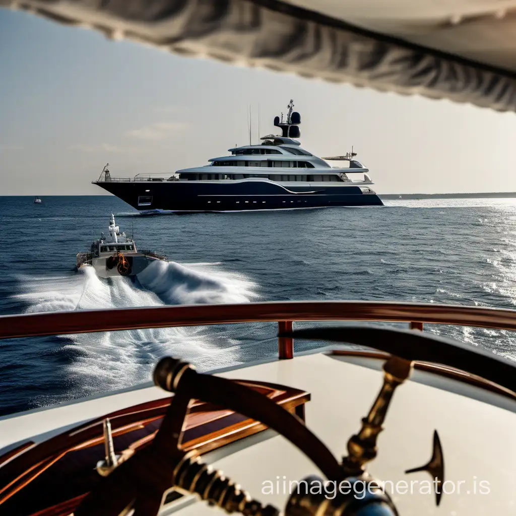 In the foreground behind the ship's wheel, in the background, a motor yacht is sailing.
