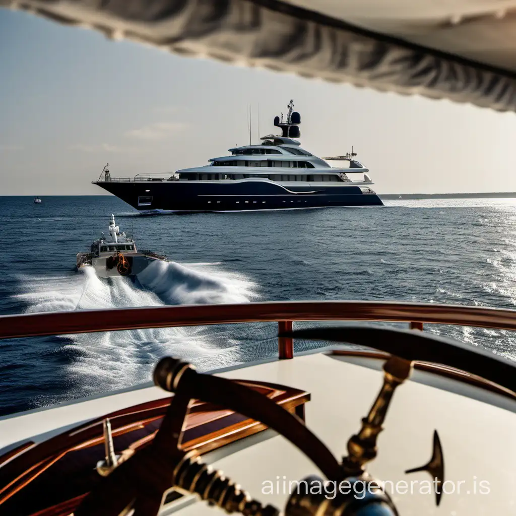 Captain-Steering-Ships-Wheel-with-Motor-Yacht-Sailing-in-Background