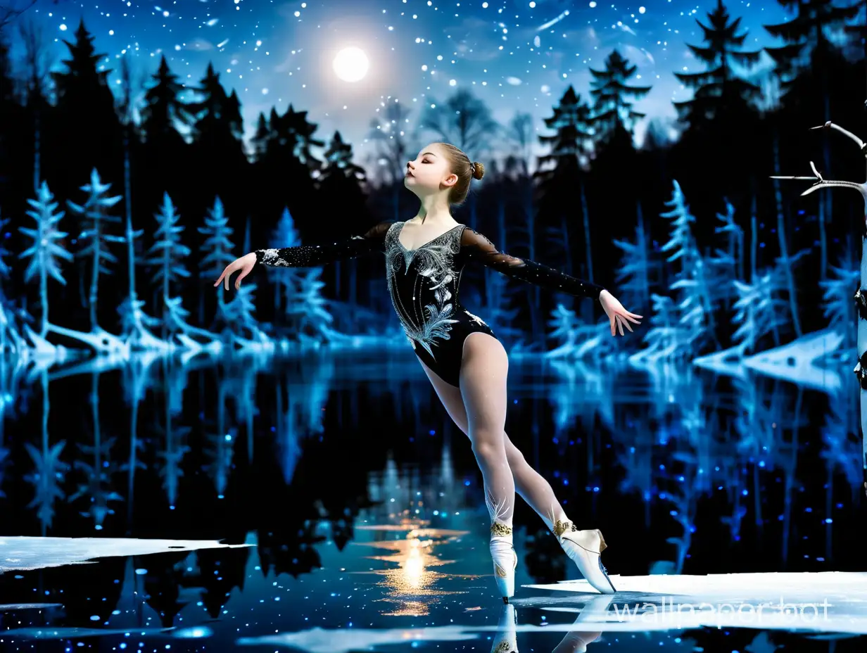 Yulia Lipnitskaya, a 15-year-old girl, a figure skater in a magnificent sports bodysuit on the shimmering ice of a winter lake in a snow-covered forest under the starry sky with a bright moon, baroque