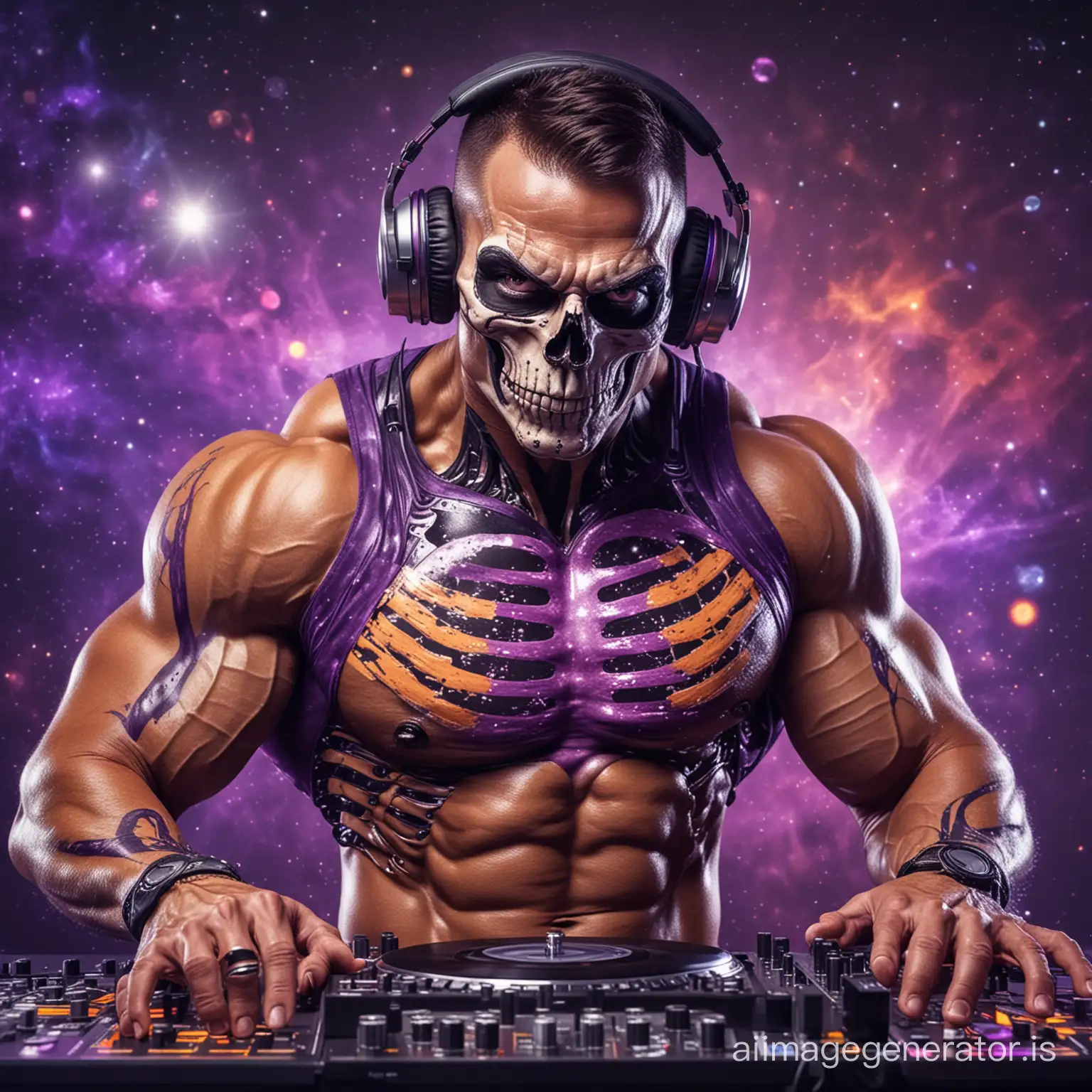 muscular bodybuilder DJ with skeleton face, in space disco. Mixing Beats with Precision. purple and orange. 