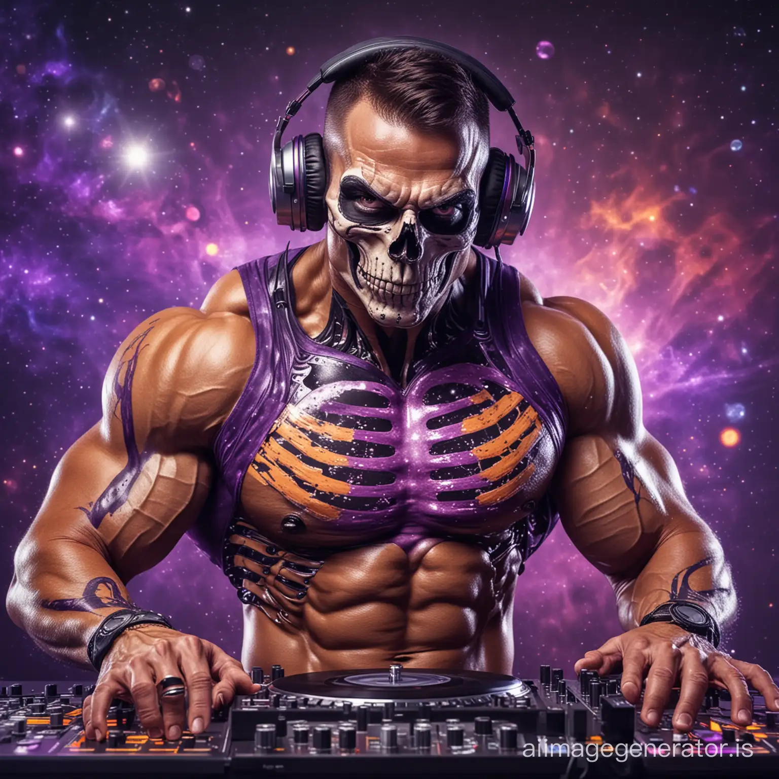 muscular bodybuilder DJ with skeleton face, in space disco. Mixing Beats with Precision. purple and orange.