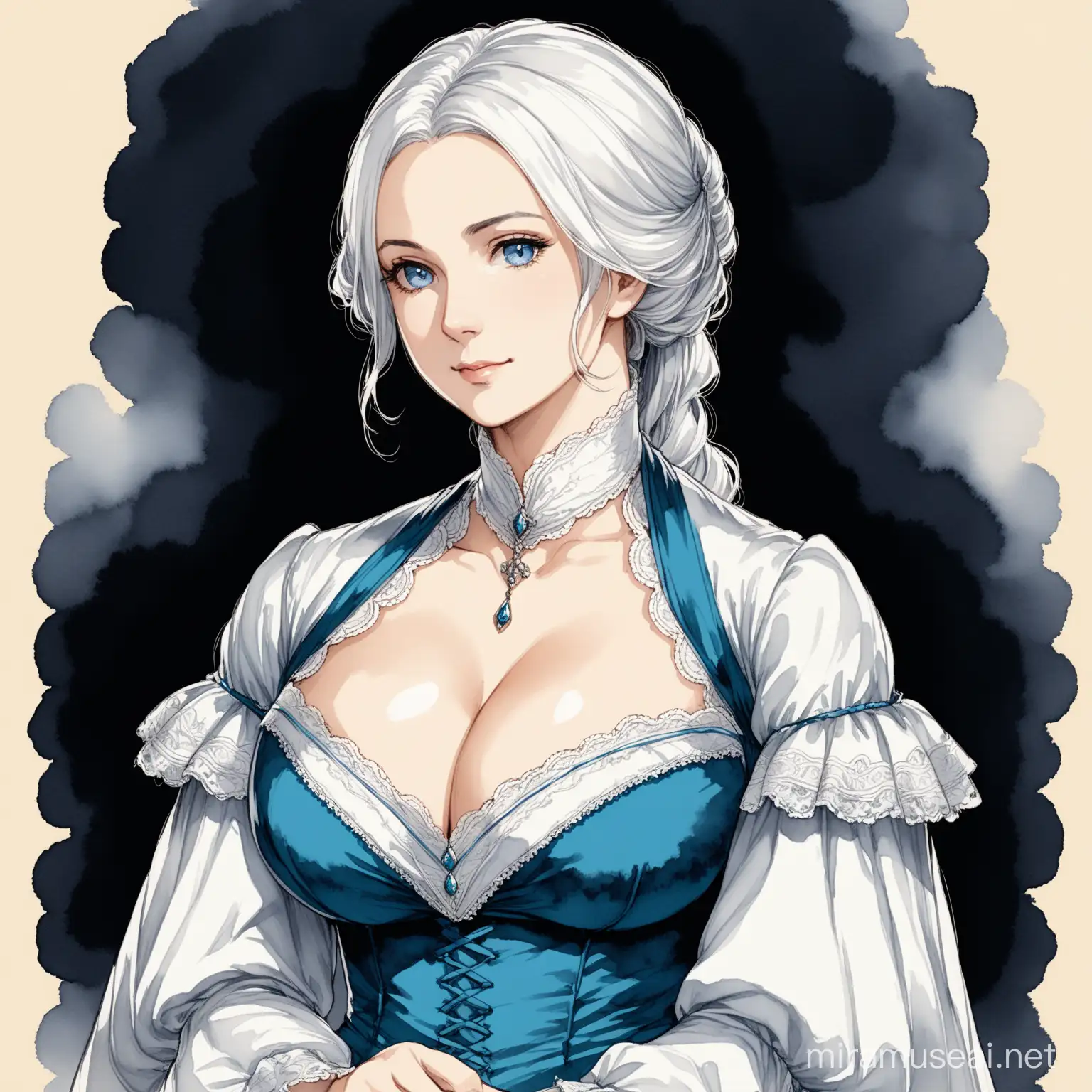 Elegant Victorian Woman with White Hair and Blue Eyes in Ink Painting Style