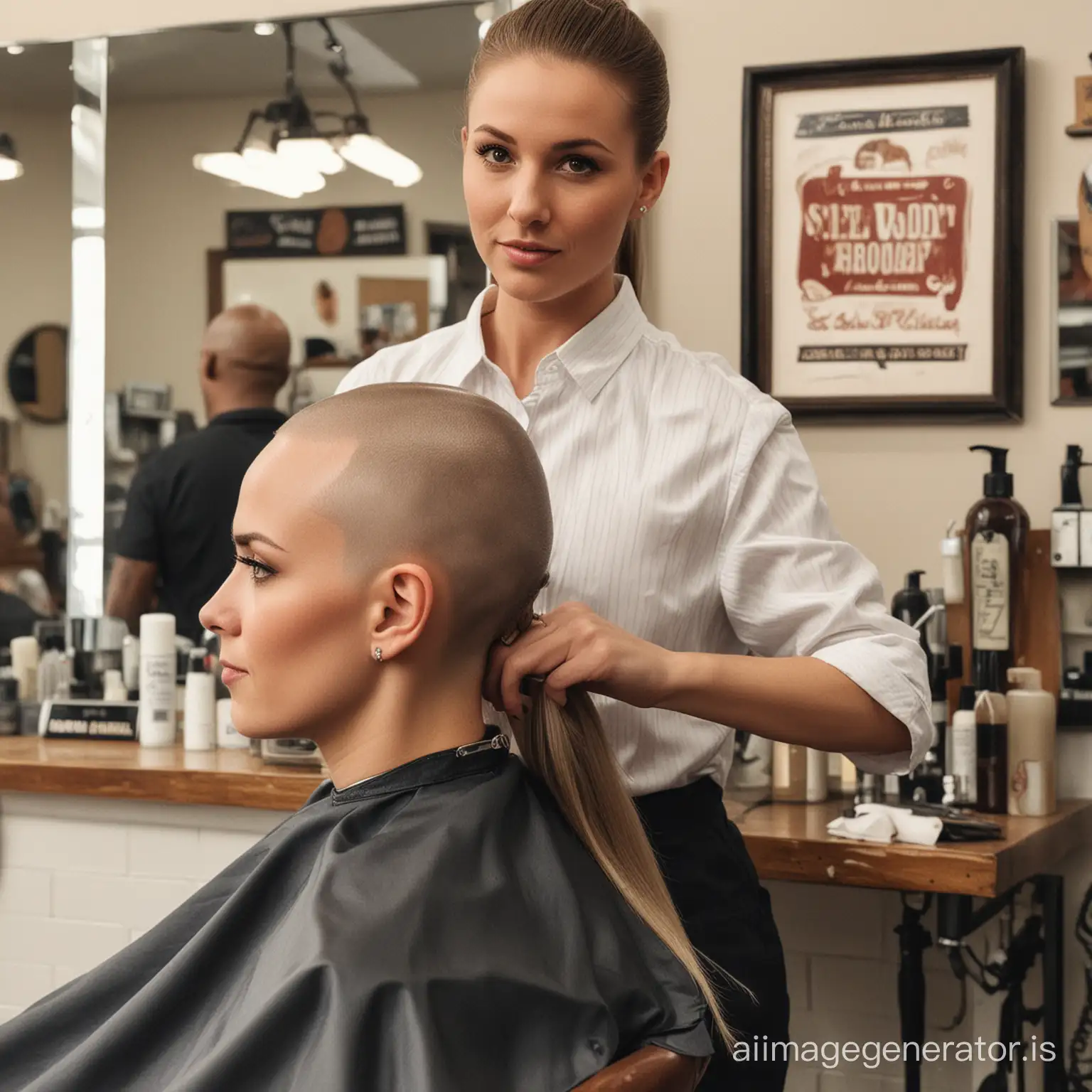 show a woman sitting in a barber shop with a bald head. There is a barber behind her who is holding up a long ponytail that he has cut from the woman's head.