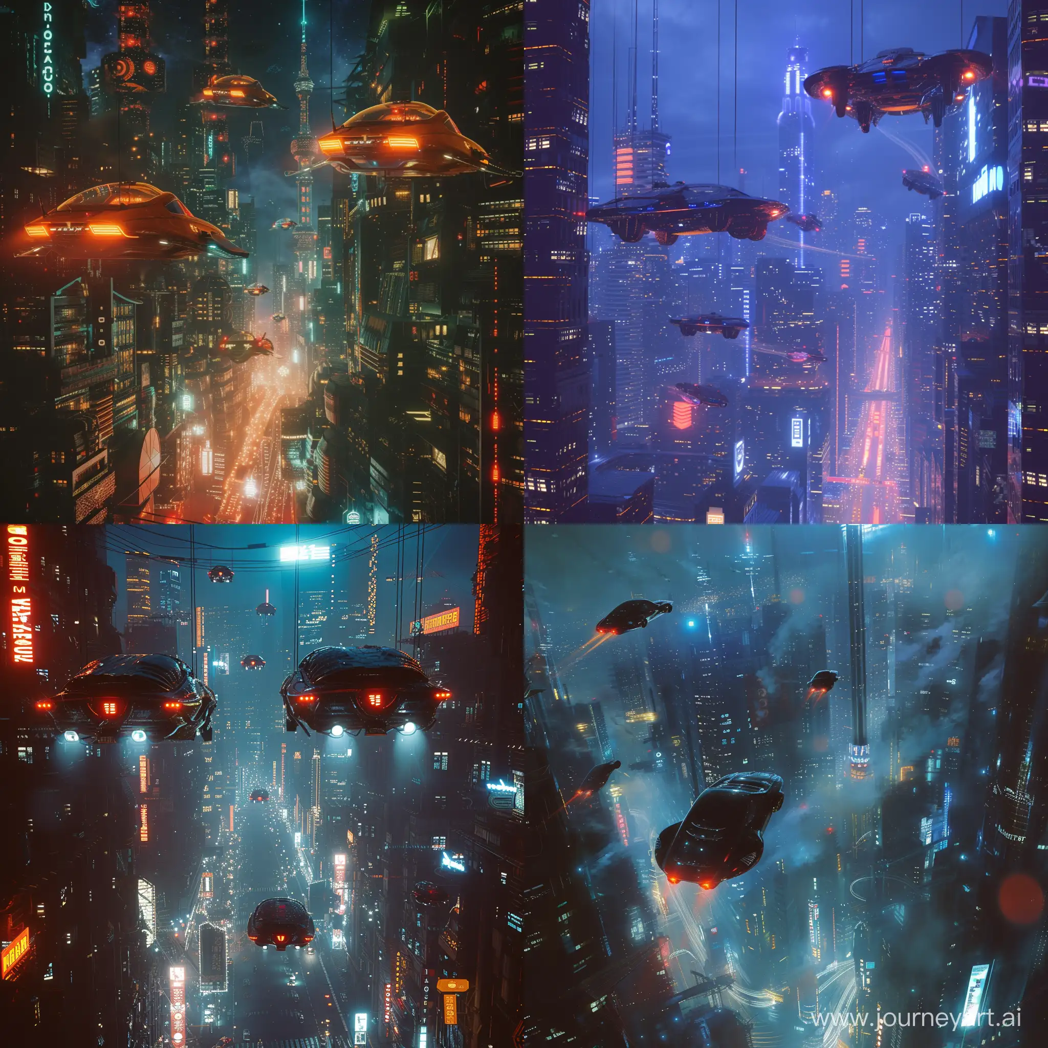 Night city in cyberpunk style, flying cars