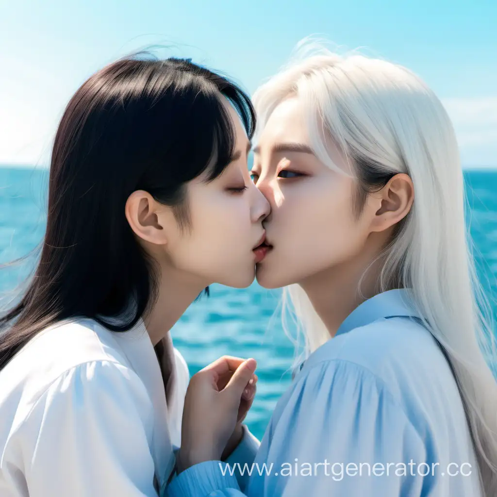 Девушка кореянка с черными волосами до лопаток, карими глазами целуется с беловолосой девушкой, у которой волосы до плеч, с голубыми глазами, возле моря