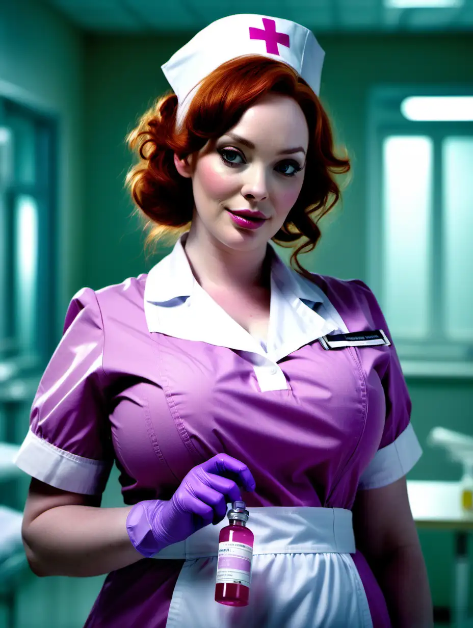 Photorealistic, cinematic, HD, picture of a slightly chubby big boob Christina Hendricks dressed as a nurse, pink uniform and a white apron, slight smile, holding a small vial full of a bright purple liquid in one hand and the other hand on her hip, empty hospital ward, atmospheric, intense colours