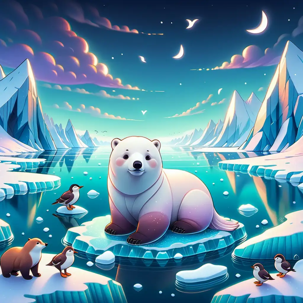 Kawaii Style Illustration Arctic Animals in a Magical Setting