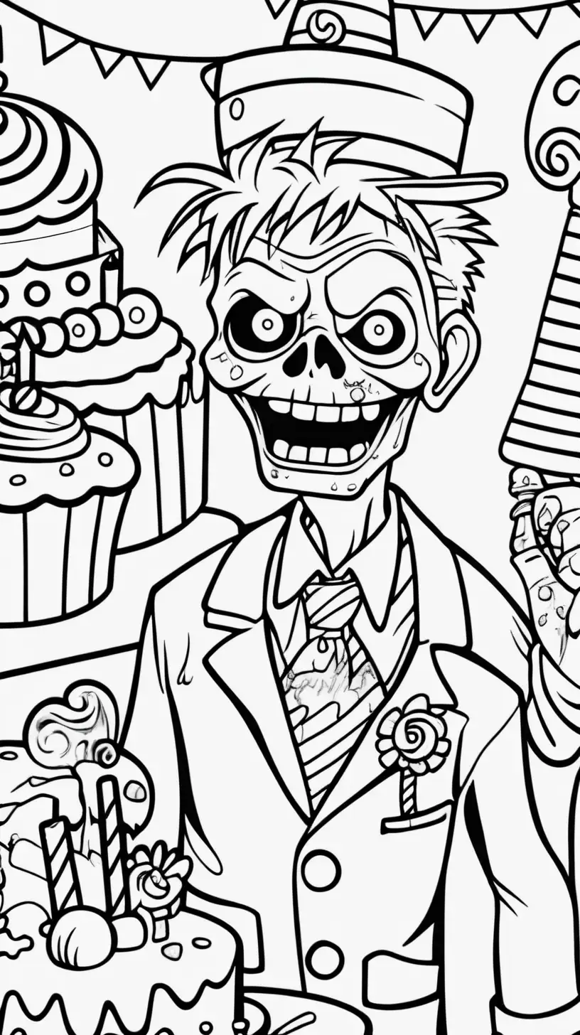 coloring book image, thick clean black line image of a cute friendly zombie at a  birthday party, fun party background