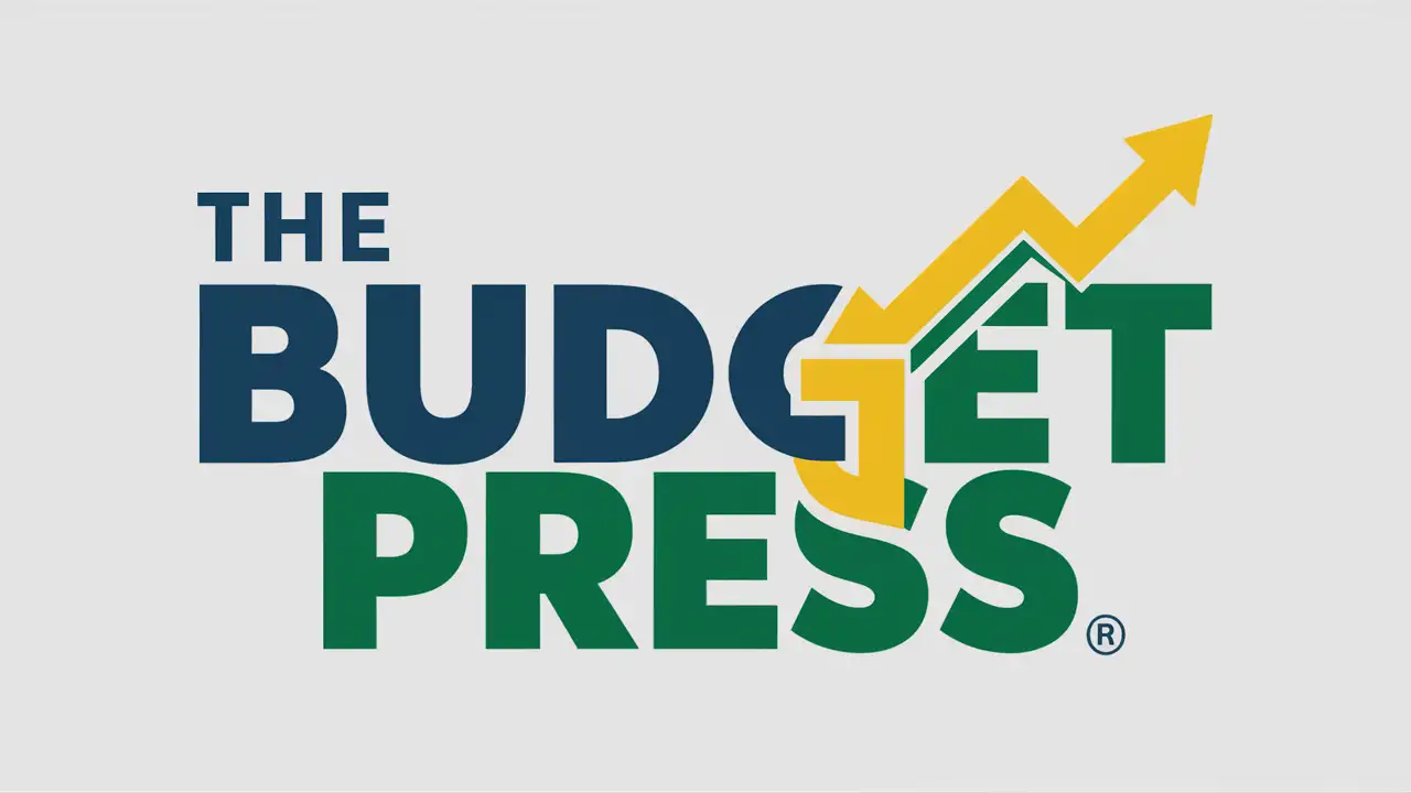 Create a flat vector, illustrative-style wordmark logo design for a financial empowerment channel named 'The Budget Press', where the letter 'S' in 'Press' is creatively designed to mimic a growing money graph. This design employs a vibrant palette of green for growth, blue for trust, and yellow for optimism against a white background.