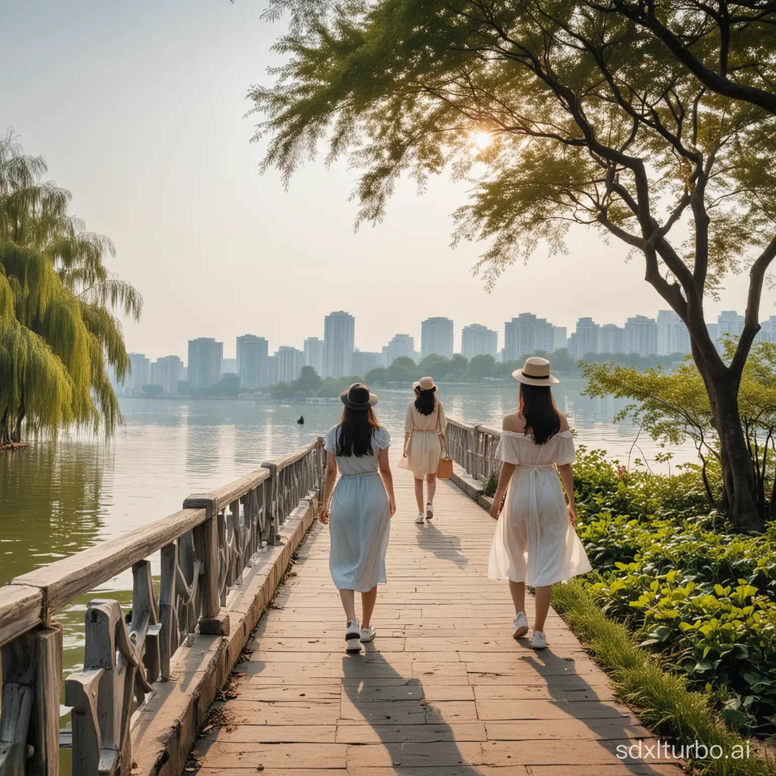 Chinese girls are taking a walk by West Lake.