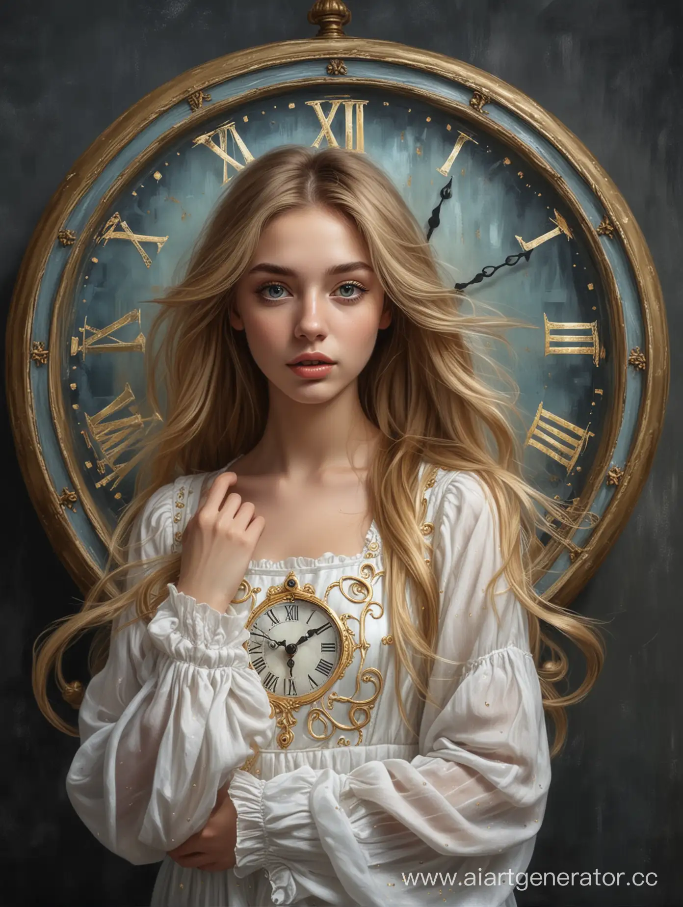 Enchanting-Girl-with-Flowing-Hair-Amidst-Golden-Clocks