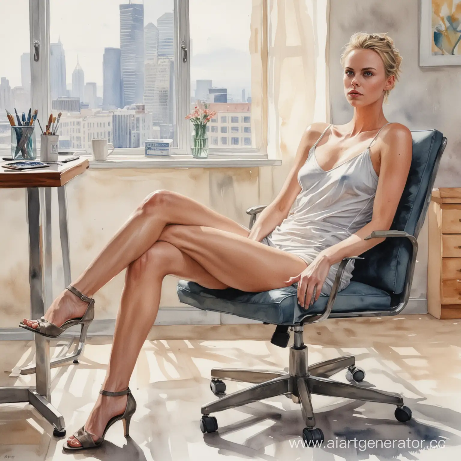 Watercolor-Painting-of-a-Dreamy-Woman-Resting-in-an-Office-Chair-with-Charlize-Theronlike-Features