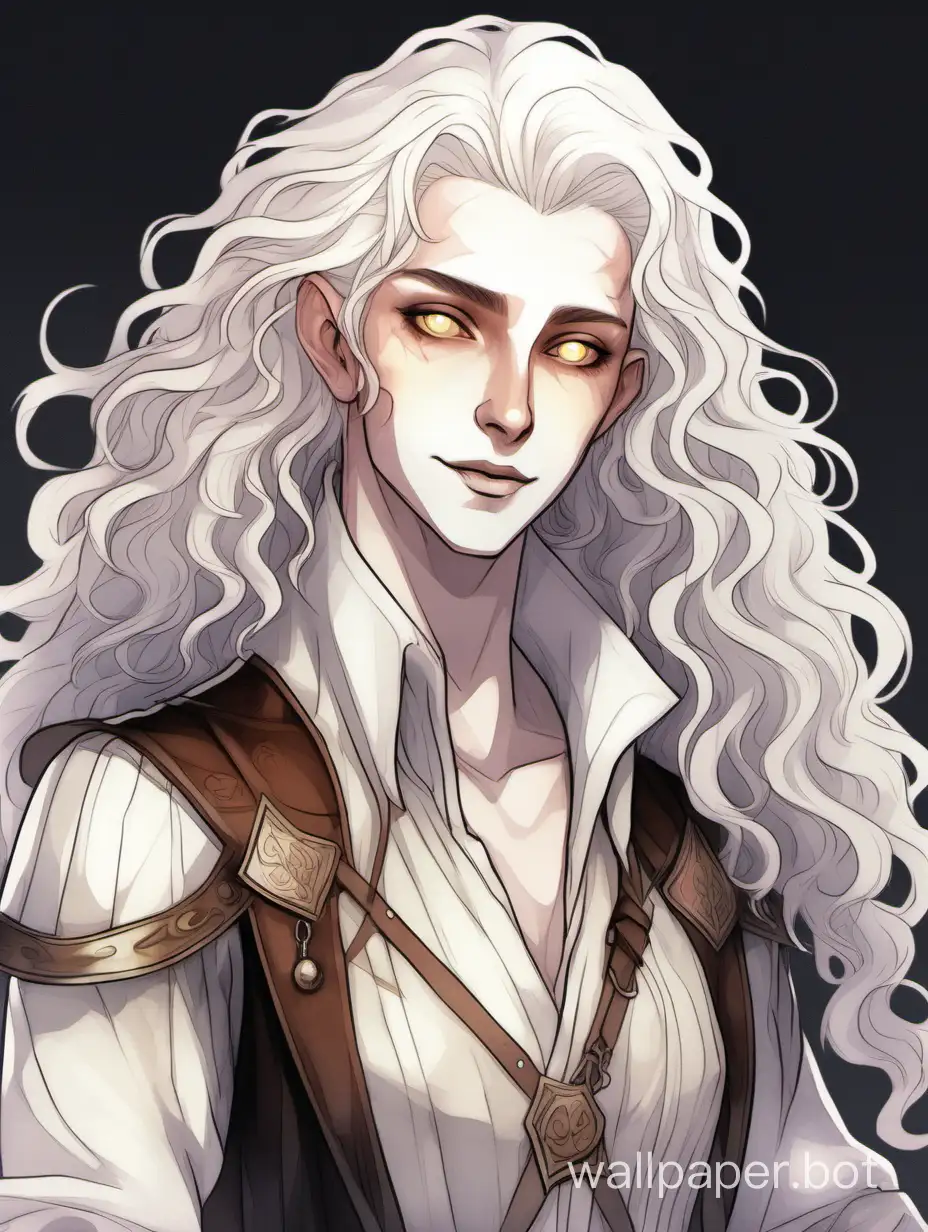 a D&D bard, dnd changeling, a changeling from dungeons and dragons, thin, slender, translucent ((pale white skin)), (wavy curly long white hair), ((glowing white eyes)), androgynous, flamboyant, nonbinary, pale body, lithe, pointed ears, almond shape eyes, charismatic, (bard adventurer clothes), renaissance, portrait, humanoid, friendly, pretty, character bust, wearing clothes, entertainer, performer, clean, baggy sleeves, waistcoat, straight slightly hooked nose, digital art, classic, watercolor, proportionate, anatomical, painting, shapeshifter, pretty face, white skin, all white grey inhuman, colorless skin
