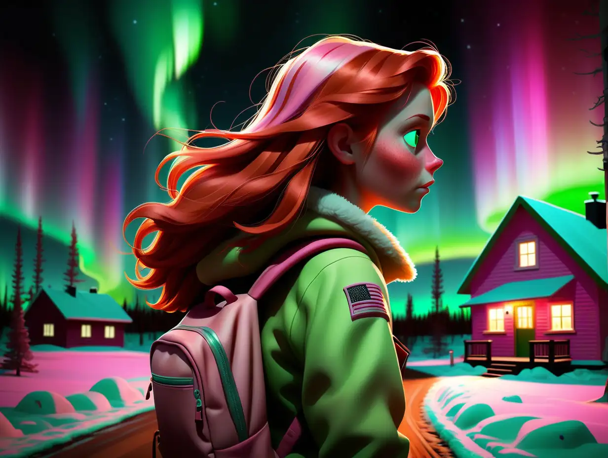 Girl with Cowboy Copper Hair Admiring Colorful Northern Lights in the Darkness