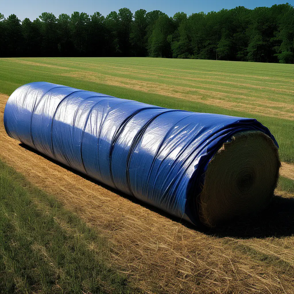 heavy duty tarp covering a row of hay bale roll.  Ensure that you see the hay to denote that the tarp is covering hay bale rolls.  The  scene a large outdoor field similar to one you would see on farm acreage.