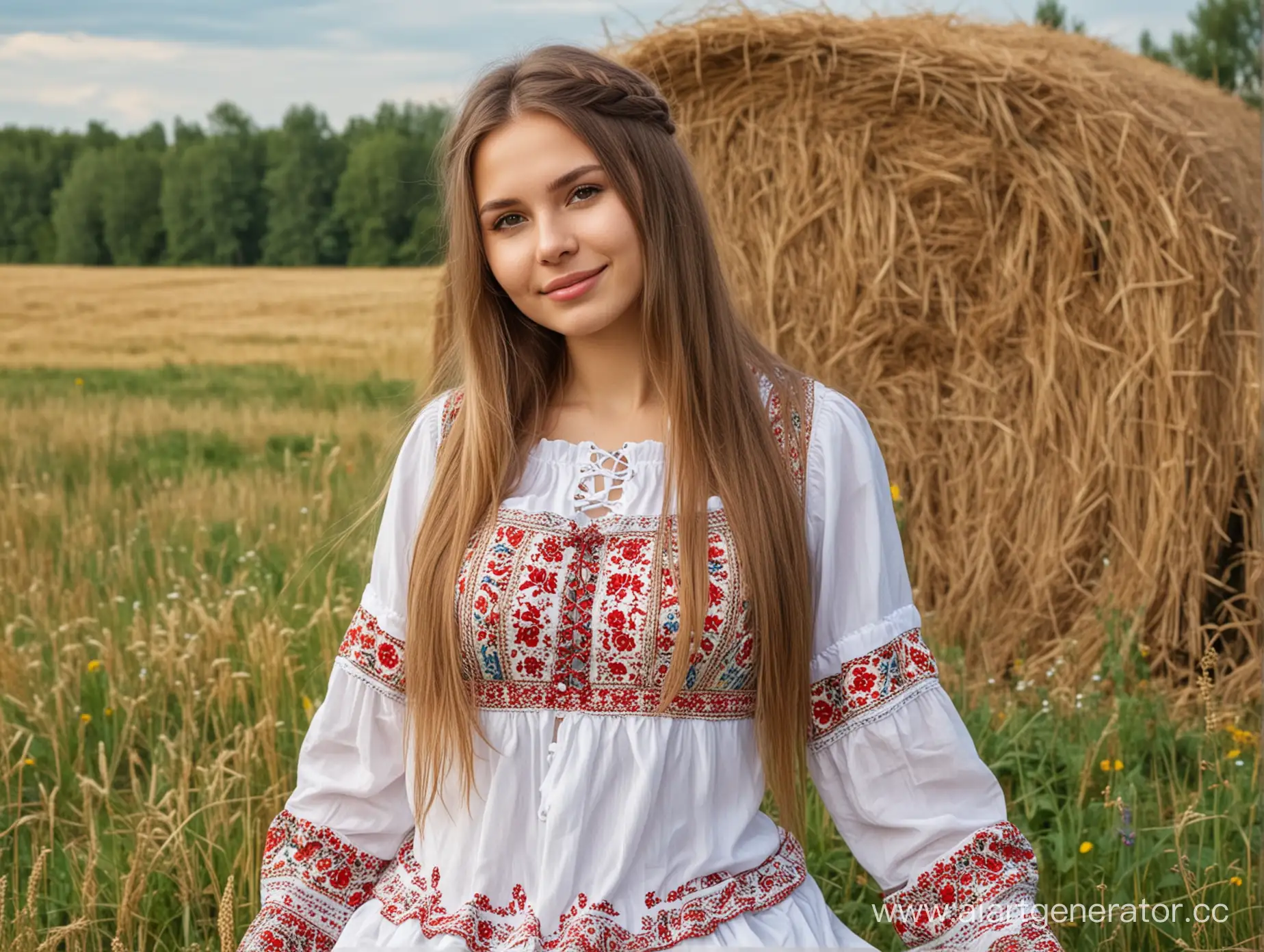 Русская сексуальная полная девушка,улыбается веснушки на лице,светлые длинные волосы, с большой грудью,в сексуальном народном костюме, позирует на лугу возле сена
