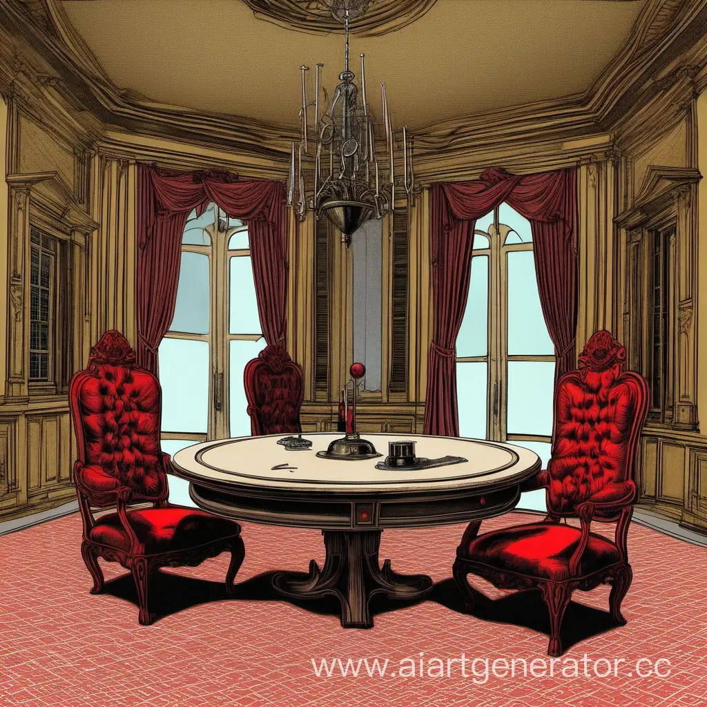 Two-Chairs-Facing-Red-Button-on-Table-in-Mansion