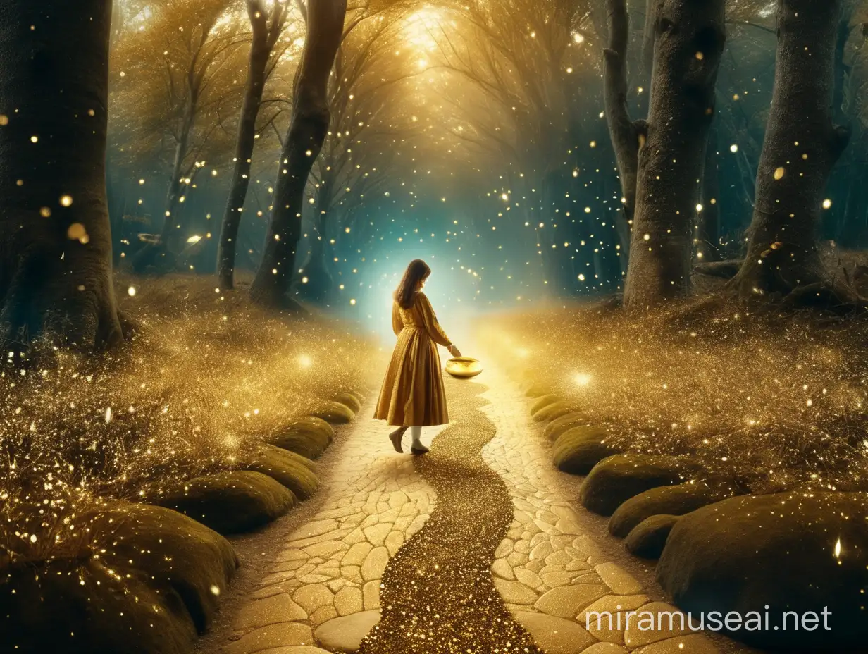 ženska seje zlati prah na kamnito pot, v čarobnem gozdu
