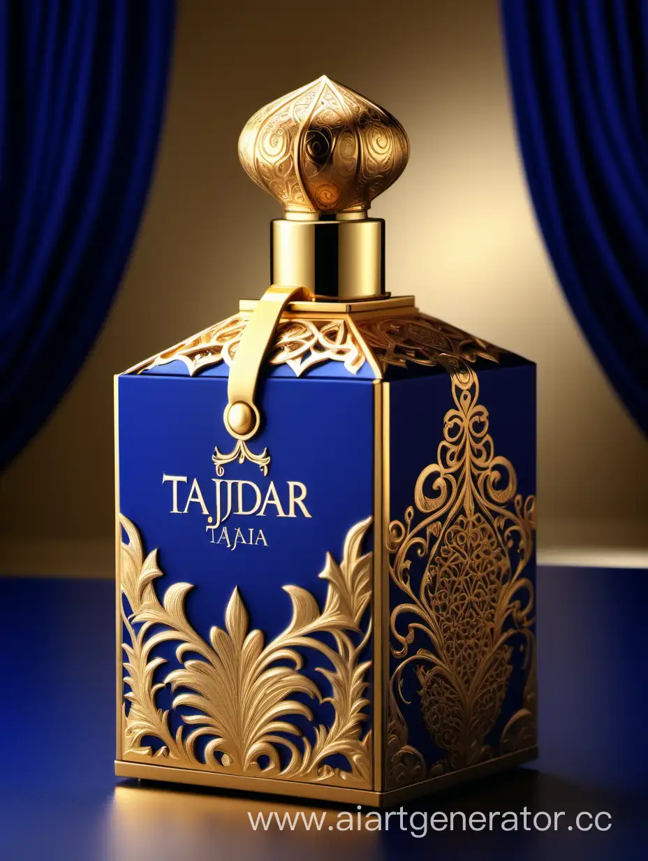 Elegant-TAJDAR-Perfume-Box-Design-with-Intricate-Gold-Detailing-on-Royal-Blue-and-Beige-Background