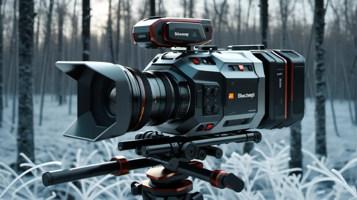 blackmagic pocket 6k pro camera in frozen forest,
 ray tracing