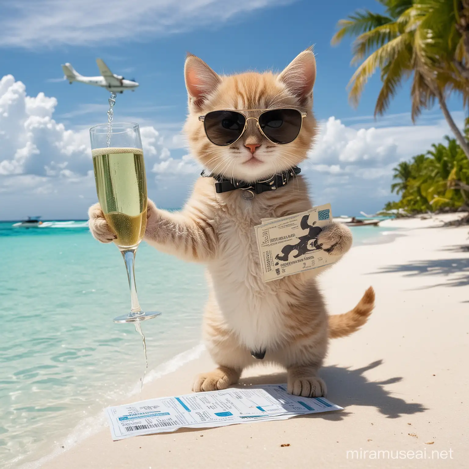 Котенок улыбается на Мальдивах на фоне голубой океан зелень в небе летит гидросамолет на земле белоснежный Баунти песочек котенок в черных солнцезащитных очках в одной лапе держит билеты во второй лапе держит бокал шампанского 