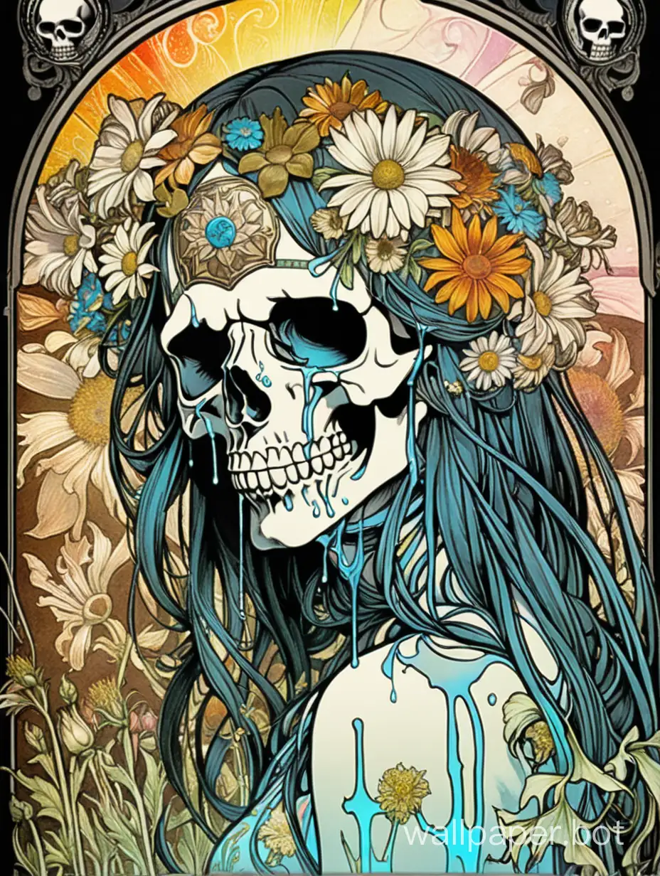 motley, skull face ,   closed eyes, assimetrical, Alphonse Mucha poster, explosive wild flowers dripping paint, comic book, high textured paper, hyperdetailed lineart , black water , hypercolored, sticker art
