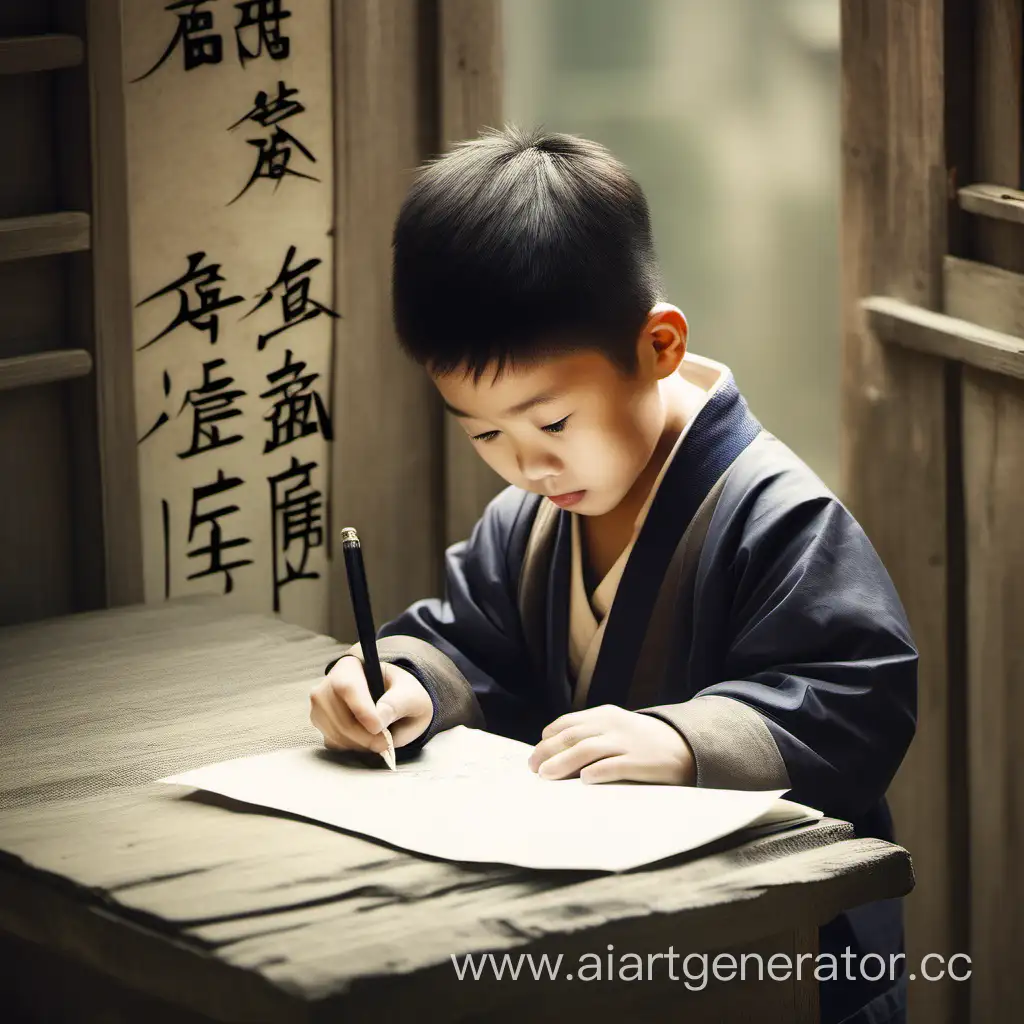 Китайский мальчик пишет письмо 