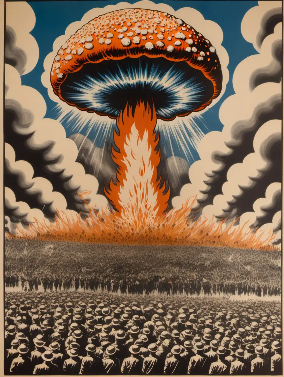 ancient hand painted protest poster, multiple separate mushroom cloud smoke bombs, made from microscopes, 1960s, with the text over the image "ALL FLOWERS ARE DEAD", crowds of protesters, agent orange