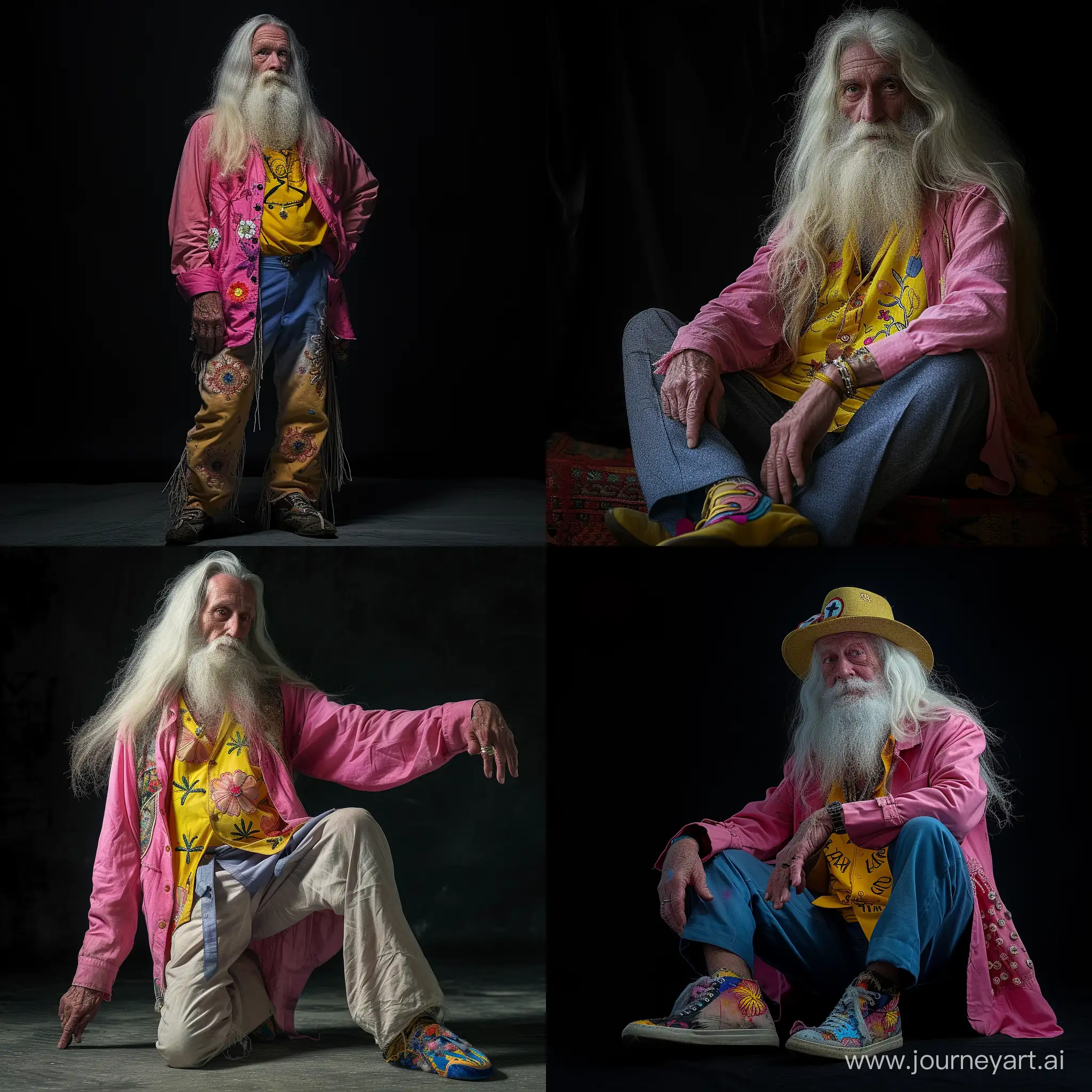 dark 90 years old   hippie men white longhair  in  a tale and long beard wearing a pink  jack and yellow shirt and bleu trouser   shoes with flower design     background black   light and low contrast  low angle 50mm fujixt4   fotorealistisch 