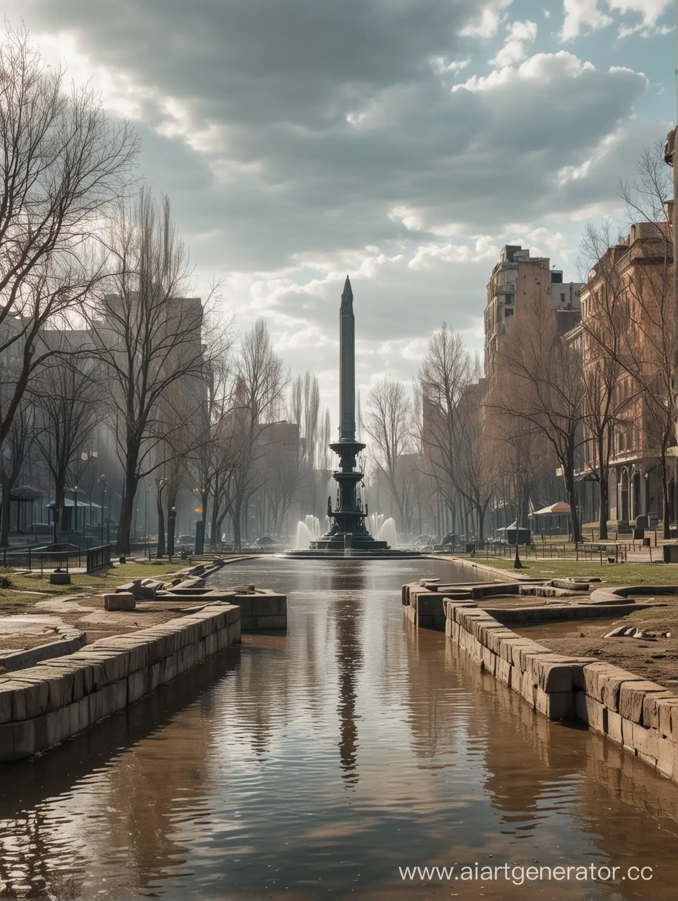 A post-apocalyptic city after an environmental disaster. View of the city park with a monument and a fountain. Low view