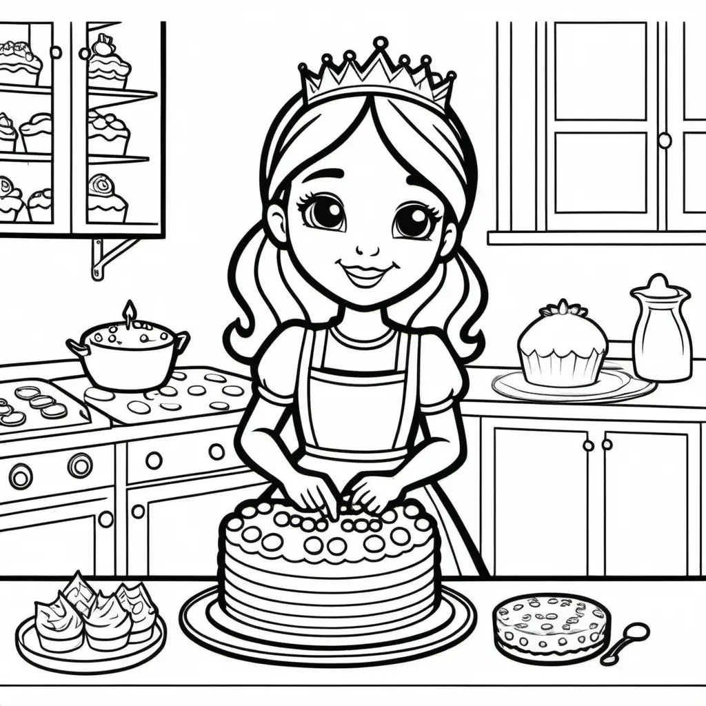 extremely simple, coloring pages for kids, young princess baking a cake, no background , cartoon style, thick lines, low detail, no shading--ar 9:11--v5
