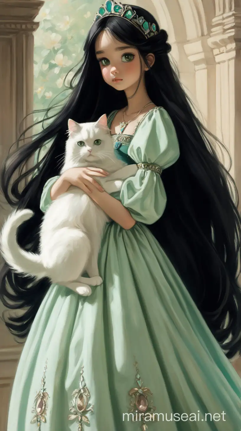 Jeune princesse, cheveux noir long avec les yeux noir, elle porte une longue robe de princesse verte pastel, elle tiens dans ces bras un chat blanc a poil long