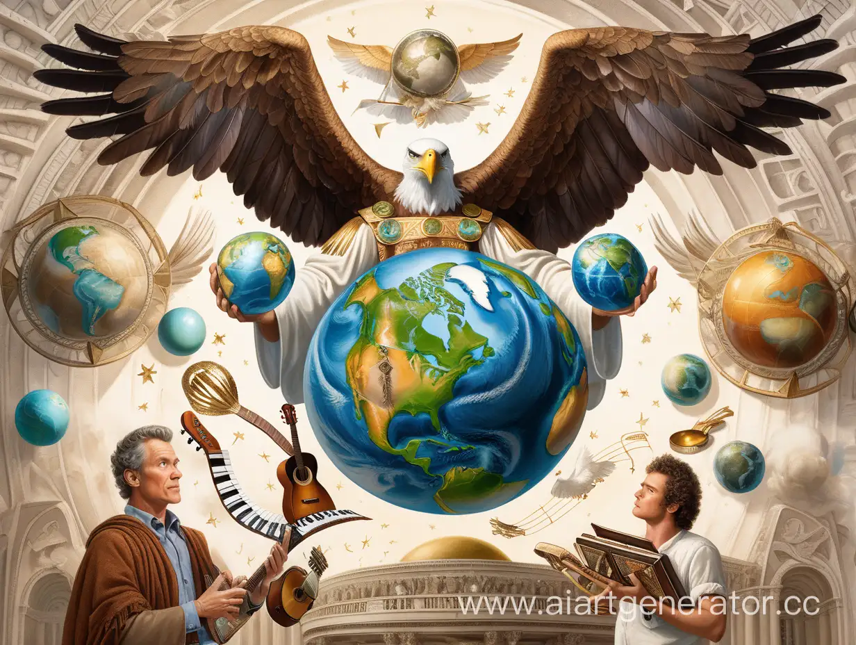 Белый человек с крыльями орла держит в руках планету, вокруг летают различные таблички с мыслями и музыкальные инструменты