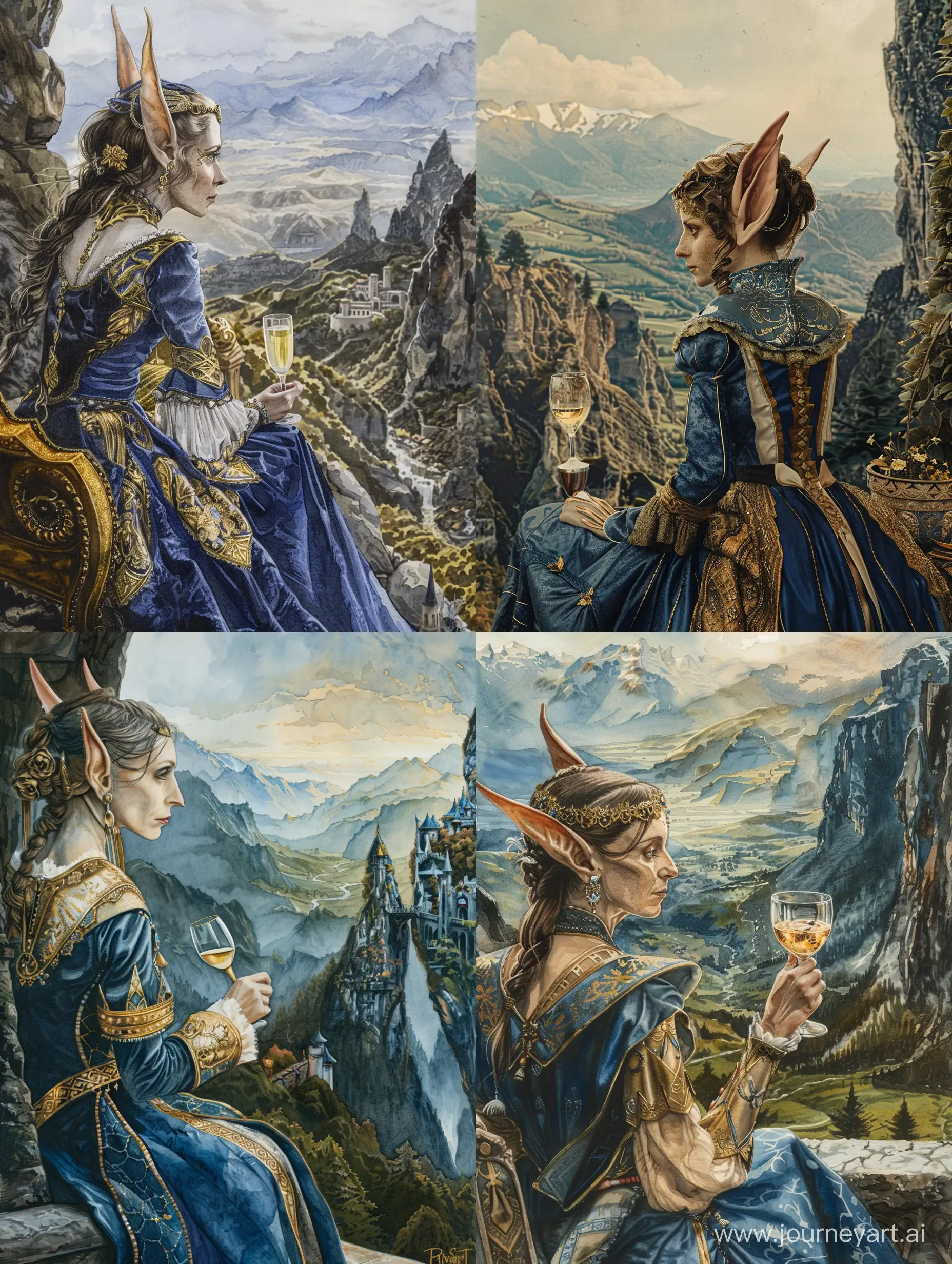 a beautiful elf queen with pointed ears, dressed in vintage blue and gold, staring at Rivendell from a mountaintop seat, holding a glass of wine, Hypermaximalist watercolour art, Stylized inked Watercolour line art, Intricate, Complex contrast, HDR, Sharp, soft Cinematic Volumetric lighting, wide long shot, perfect masterpiece