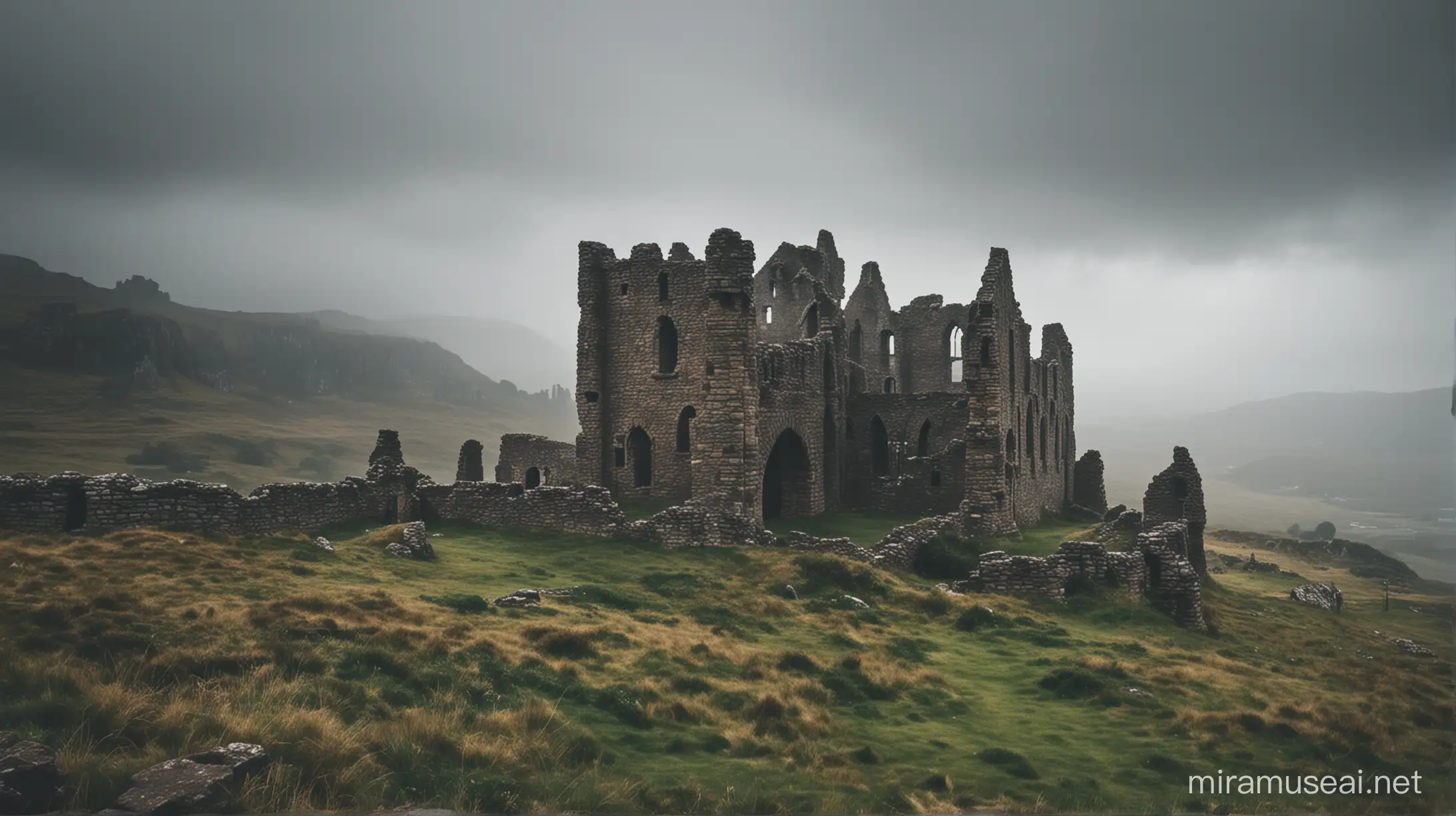 Ruinas castillo Escocia nublado misterioso brumas