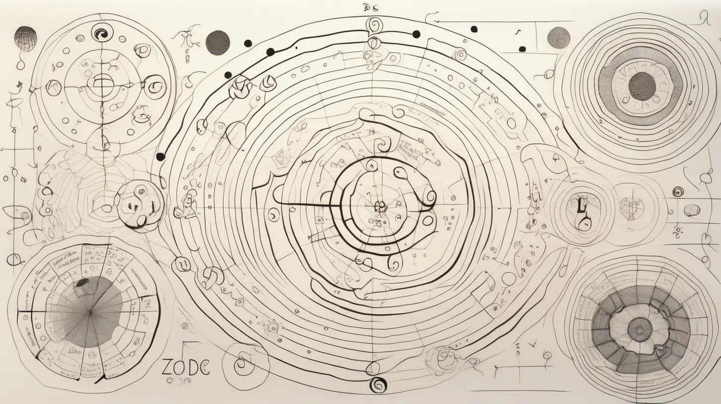 Zodiac signs, descriptions, on Light white page, drawn with loose lines, loose circles, with text, , playfully intricate,