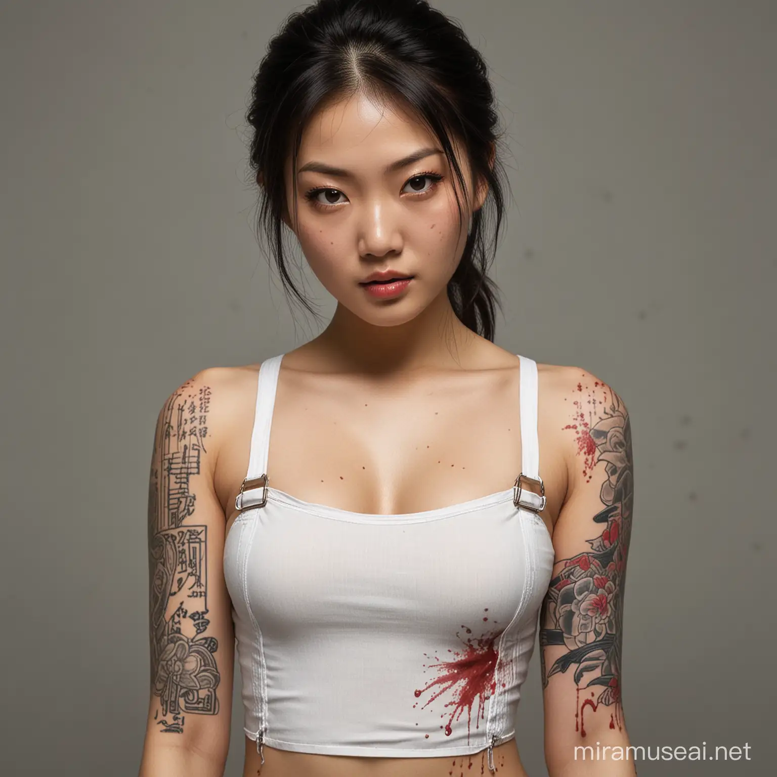 Asian Girl in Yakuza Style with White Suspenders and Japanese Symbolism Tattoos