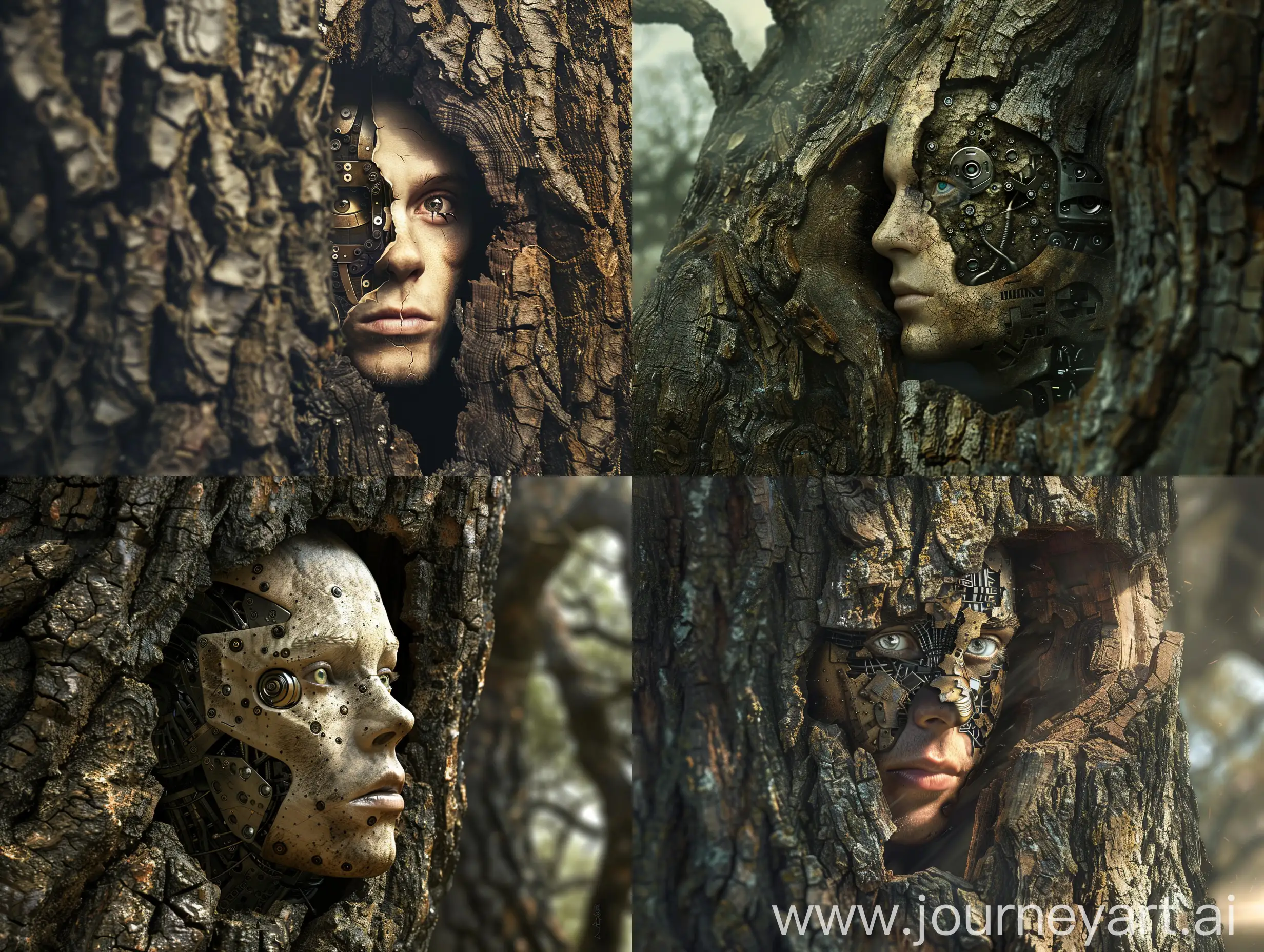 Surrealist-Man-with-Partial-Robot-Face-Emerging-from-Thick-Oak