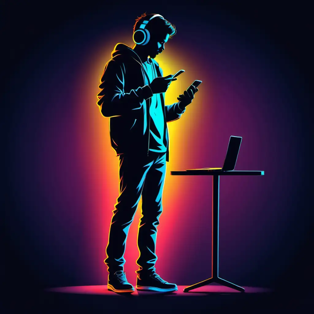 Silhouette of a standing man playing on the phone, יhe wears headphones and a laptop next to him, illustrated, colorful style
