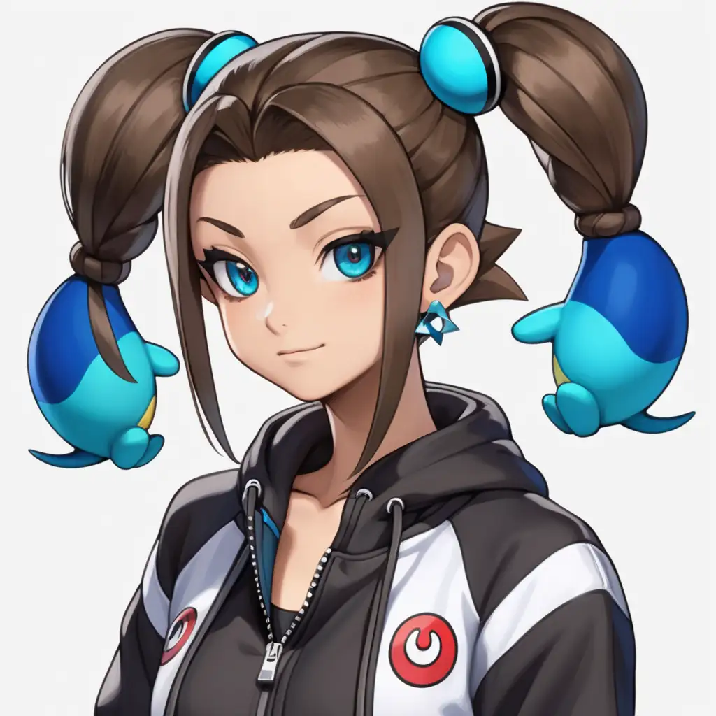 Shes a pokemon trainer that has a toned and fit slim build, warm beige skin with ocean blue eyes. She Wears a pokemon themed black and blue track suit, and she is always wearing her pokemon themed har pin and most often wears her long dark brown hair in a ponytail.