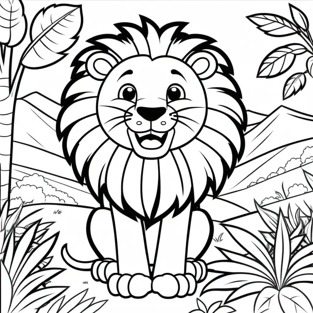 Create a coloring book page for 1 to 4 year olds. A simple cartoon  cute smiling friendly faced Lion in their native enviroment. The image should have no shading or block colors and no background, make sure the animal fits in the picture fully and just clear lines for coloring. make all images with more cartoon faces and smiling