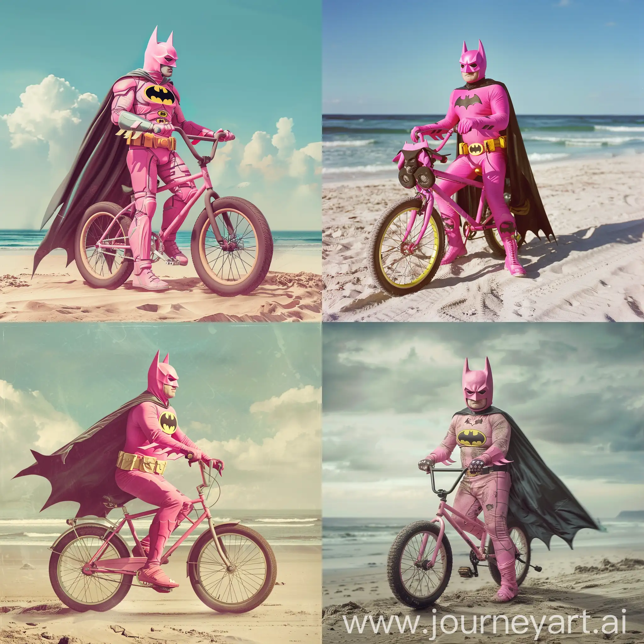 pink batman on bike beach
