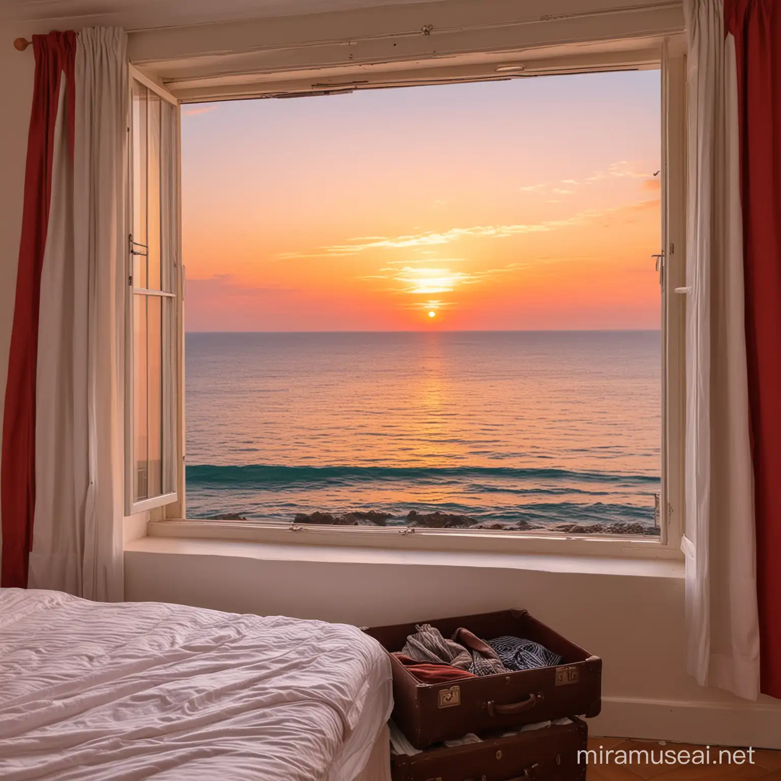 Seaside Sunset View Through Wooden Window with Vintage Suitcase on Bed