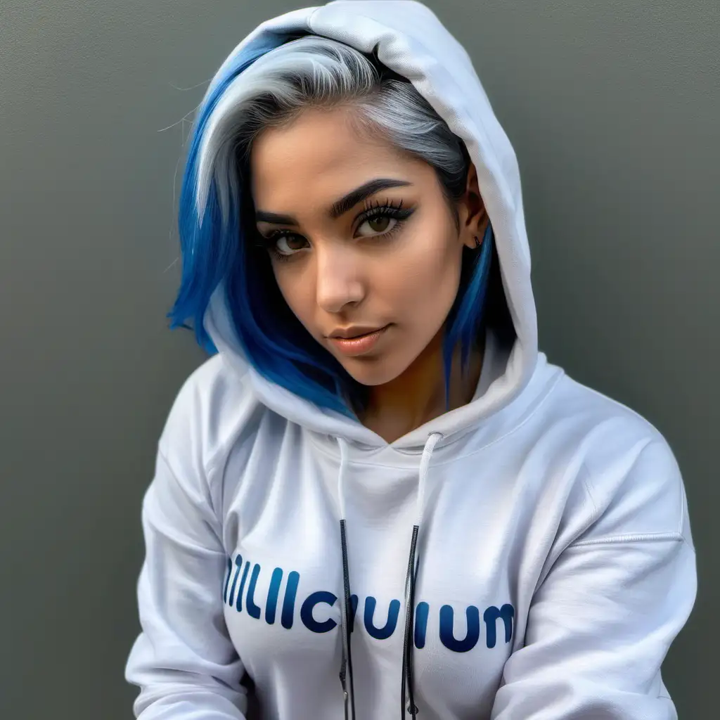 Silver and blue haired instagram fitness model.  Innocent looking Colombian woman. Wearing an Illuvium hoodie.  
 Taken with an iPhone 13