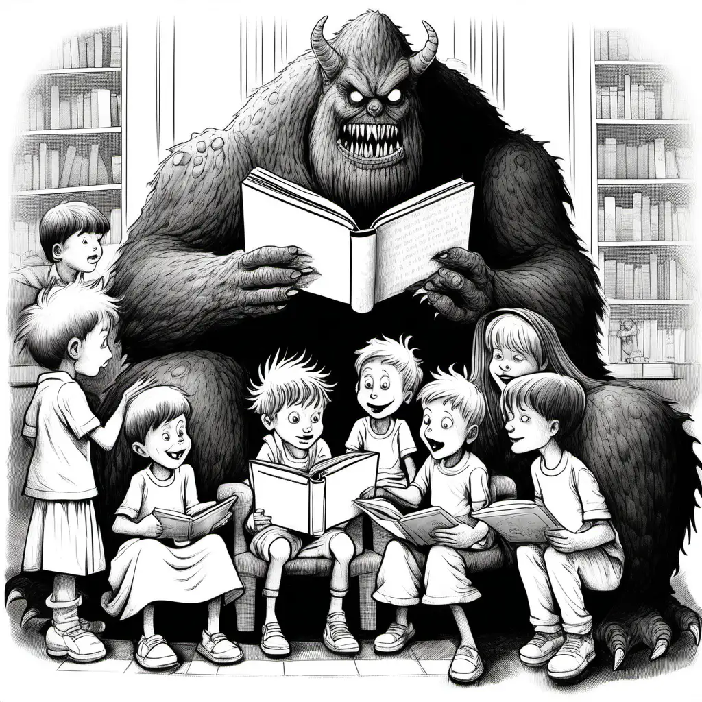 black and white drawing of One monster reading a book to older kids all dressed in white with white background