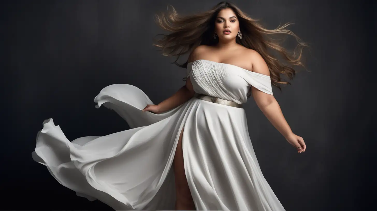 Stylish Plus Size Model in Vogue White Dress Sensual Dance Photoshoot